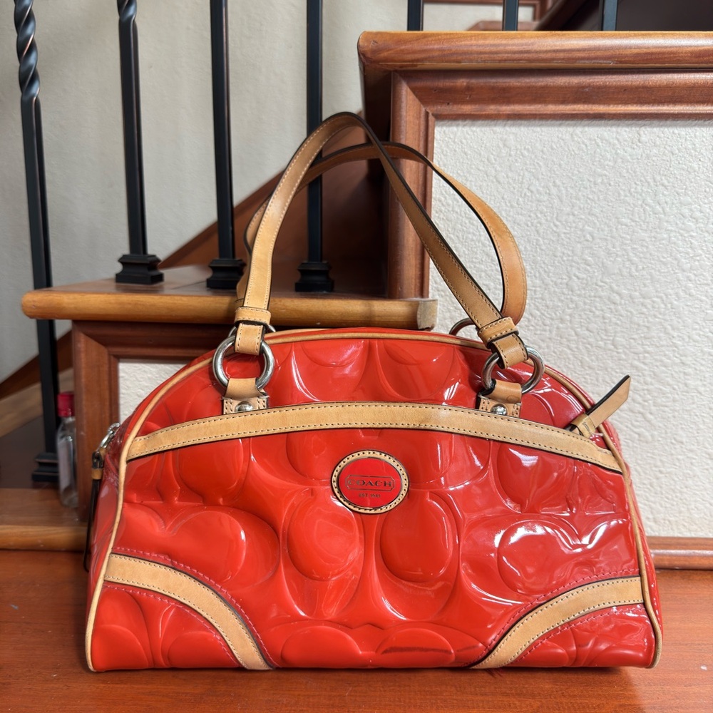 Coach Red and Tan Satchel with Textured Glossy Finish